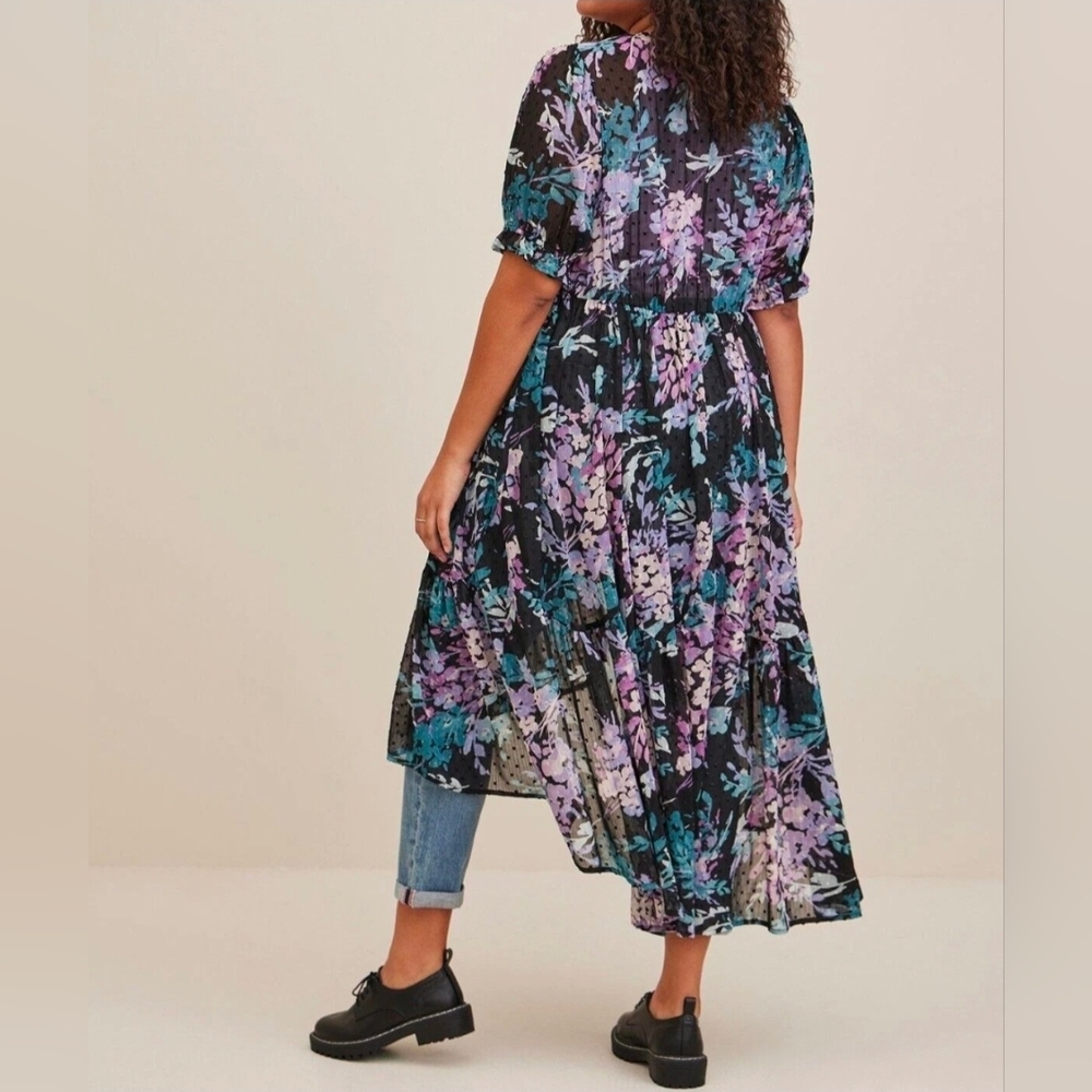 Torrid Ruffle Kimono Chiffon Clip Dot Floral Black Top 3X - Picture 4 of 16